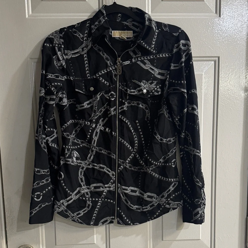 Michael Kors Black Zip-Front Jacket with Silver Chain Print